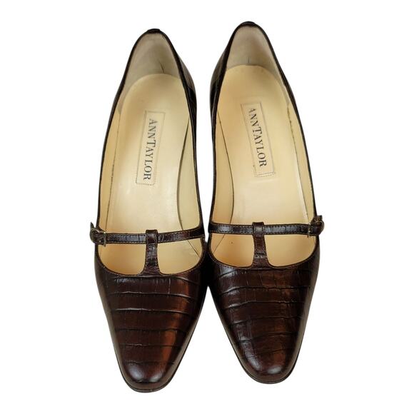 Ann Taylor Mary Jane Kitten Heels Brown Faux Croc Leather Women's Size 8M US - Picture 1 of 9